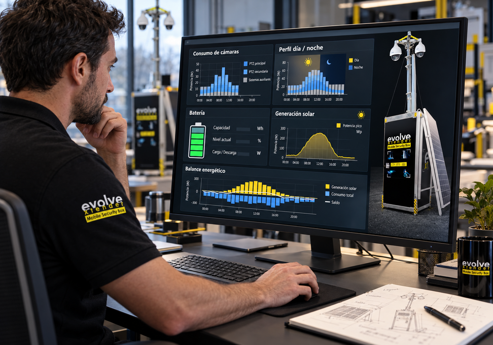 Técnico de Evolve Xtender analizando el consumo de cámaras, la capacidad de batería y la generación solar para dimensionar la alimentación